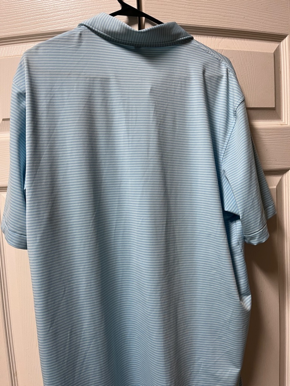 Peter Millar Sky Blue White Pinstripe Polo with Anniversary Patch. Large - Picture 4 of 7